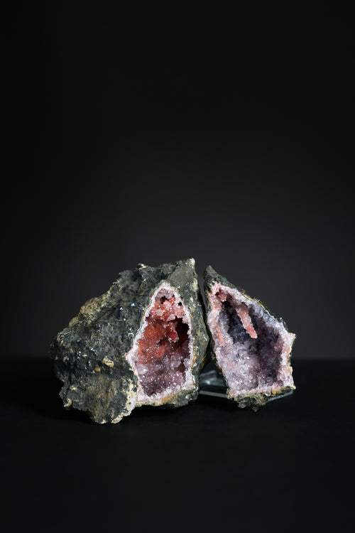 Moroccan amethyst geode with violet crystals and white calcite accents, full front view
