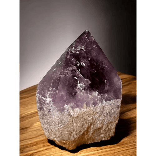 Close-up of amethyst crystal tip showing intense violet colour and natural clarity